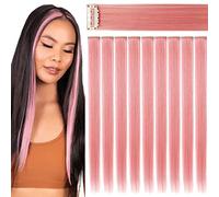 Rhyme 10 Pcs Colored Hair Extensions for Girls Women Pink Hairpieces Girls Hair Accessories 21 inch Party Hightlight Hair Clips (Smoke pink)