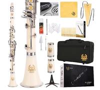 Rhythm Bb Clarinet 17 Nickel Keys Woodwind Band & Orchestra Musical Instruments for Beginners Includes Case, Stand, 10 Reeds and Cleaning Kit-White