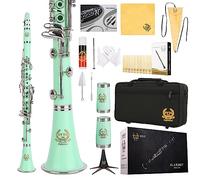 Rhythm Bb Clarinet 17 Nickel Keys Woodwind Band & Orchestra Musical Instruments for Beginners Includes Case, Stand, 10 Reeds and Cleaning Kit-Green