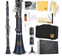 Rhythm Bb Clarinet 17 Nickel Keys Woodwind Band & Orchestra Musical Instruments for Beginners Includes Case, Stand, 10 Reeds and Cleaning Kit-Dark Blue