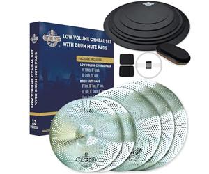 Rhythm Bytes Low Volume Cymbal Pack with Drum Silencer Pads, 13pcs, Cymbals Set - 14"/16"/18"/20", Drum Mute Pads - 8"/10"/12"/13"/14"/16", 1 Bass Mute, 1 Snare Wire Mute, Silver