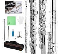 Rhythm C Flutes with Engraved Flower Closed Hole 16 Keys Flute For Student, Beginner with Stand, Carrying Case, Cleaning Kit, Gloves, Tuning Rod (Ni-Silver Color)