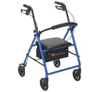 Rhythm Healthcare 4 Wheel Rollator, Steel Walker with 12x12" Seat and 6" Wheels - Height Adjustable for Comfort, 300 lb Weight Capacity, Blue
