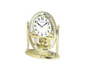 Rhythm Mantel Clock Moving Pendulum Adorned Crystals Gold White Face CRP609WR18
