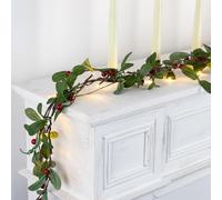 Rhytsing 1.8M Red Berry Green leaves Branch Pre-lit Garland with 30 LED Lights, Battery Operated Fairy String Lights with Timer Function for Christmas Mantle Decoration