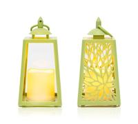 Rhytsing 20cm Spring Fresh Green Leaves Decorative Lanterns with LED Flameless Candles, Battery Powered Hanging Lanterns with Timer for Easter - Set of 2