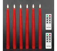 Rhytsing 29cm Flameless Taper Candles with Timer, Battery Operated Dinner Table Long Candlestick Rustic Wax, Warm White LED, 2 Remotes Included - Set of 6 (Red)