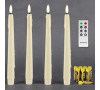 Rhytsing 4 Natural White Flameless Taper Candle with Remote,Battery Operated Led Taper Dinner Candles with Timer, Wax Dripping Design, 8 Batteries Included - H 24.5cm