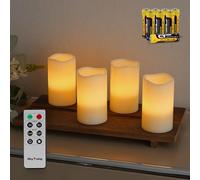 Rhytsing 4 Real Wax Ivory Battery Operated Flameless Led Candles with Timer, Realistic Pillar Candles for Christmas and Advent, Batteries and Remote Included - D7.5 x H12.5cm