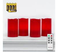 Rhytsing 4 Real Wax Red Battery Operated Flameless Led Candles with Timer, Realistic Pillar Candles for Christmas and Advent, Batteries and Remote Included - D7.5 x H12.5cm