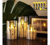 Rhytsing Birch Design Glass Battery Operated LED Candles with Timer, Flameless Pillar Candles Spring & Summer Decor, Batteries Included - Set of 3