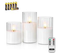 Rhytsing Clear Ribbed Glass Battery Operated LED Candles with Remote, White Flameless Candle Gift Set with Timer for Weddings and Christmas, Warm White Light- 6 Batteries Inclued - Set of 3