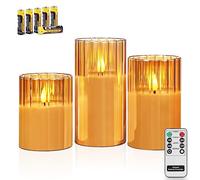 Rhytsing Gold Ribbed Glass Battery Operated LED Candles with Remote, Flameless Candle Gift Set with Timer, Warm White Light- Include 6 Batteries - Set of 3