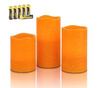 Rhytsing Orange Battery Operated Flameless Candles with Timer Function for Autumn and Halloween, Rustic Real Wax Led Pillar Candles with Warm White Light, 6 Batteries Included - Set of 3