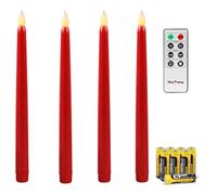 Rhytsing Red 27.5cm Flameless Taper Candles with Timer, Battery Operated Candles, Smooth Wax Finish, Warm White LED, Remote & Batteries Included - Set of 4