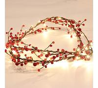 Rhytsing Red Berry Branch Pre-lit Christmas Garland with 30LED Lights, Battery Operated Fairy String Lights with Timer Function for Christmas Mantle Decoration - 5.9FT - 1.8M