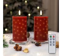 Rhytsing Red Real Wax LED Candles with Twinkle Fiber Optic Lights, Battery Operated Candles for Christmas Table Centerpieces, Batteries and Remote Included - Set of 2
