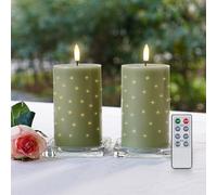Rhytsing Sage Green Real Wax LED Candles with Fiber Optic Lights, Battery Operated Decorative Pillar Candles for Spring and Summer, Christmas Candles with Remote and Batteries, H 12.5 cm - Set of 2