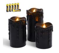 Rhytsing Set of 3 Black Flameless Pillar Candles Real Wax Dripping Design, LED Battery Operated Flameless Candles with Timer for Halloween and Winter, 6 Batteries Included