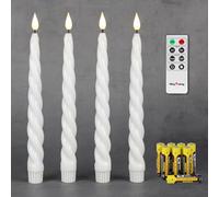 Rhytsing Set of 4 White Flameless Twist Taper Candles 25cm with Timer, Battery Powered Spiral Table Dinner Wedding Candles, Warm White Light, Remote & Batteries Included