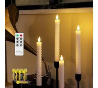 Rhytsing Set of 4 White Flameless Twist Taper Candles with Timer, Battery Powered Spiral Table Dinner Wedding Candles, Warm White Light, Remote & Batteries Included