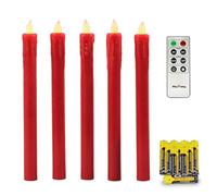 Rhytsing Set of 5 Red Battery Operated Taper Candles with Remote, Led Dining Candle, Push Button, Dripping Wax Finish, Warm White Led Light, Batteries Included