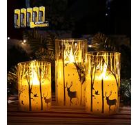 Rhytsing Silver Reindeer Design Glass Battery Operated LED Candles with 6H Timer, Christmas Flameless Candles with Warm White Light, Batteries Included - Set of 3