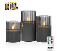 Rhytsing Smoked Ribbed Glass Battery Operated LED Candles with Remote, Flameless Candle with Timer Gift Set for Home Decor, Warm White Lights- Include 6 Batteries - Set of 3