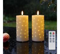 Rhytsing Water-Resistant LED Candles H 15 cm with Twinkle Fiber Optic Lights and Remote, Outdoor Battery Operated Candles for Garden, Porch and Patio - Set of 2