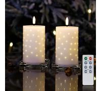 Rhytsing White Real Wax LED Candles with Twinkle Fiber Optic Lights, Battery Operated Candles for Christmas Table Centerpieces, Batteries and Remote Included - Set of 2