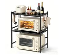 Rhyvorax Expandable Microwave Shelf, 3-Tier Carbon Steel Adjustable Microwave Stand with 6 Hooks, Kitchen Countertop Organizer for Oven, Coffee Maker, Toaster, and Utensils