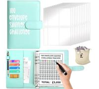 RHZXD 100 Envelope Challenge Binder, Sky Blue Saving Challenge Binder, Cash Binder, Savings Binder, Money Saving Envelope for School, Home, Office