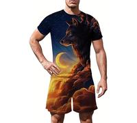 RIAAJ 3D Men's Wolf and Moon Print T-Shirt Shorts Set Jogging Suit Shorts Casual T-Shirt Set, A1, XL