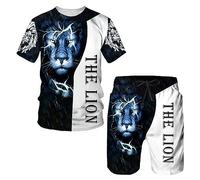 RIAAJ Lion Tiger and Wolf Animals T-Shirt and Shorts Set T-Shirt Trousers Shorts Summer Men's T-Shirt Sets Men's Lion King Tracksuit Tops Shorts Sports and Leisure Suit 3D Print, A25, L