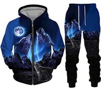 RIAAJ Wolf Jogging Suit Sports Suit Men's Hoodie Set 3D Wolf Hoodie + Jogging Bottoms Men's Sweatshirt Trousers, A2, XL