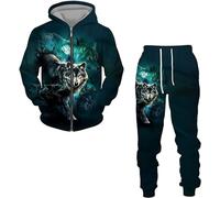 RIAAJ Wolf Men's Long-Sleeved Pullover Tracksuit 3D Hoodie and Sweatpants Set with Zip for Men, A4, L