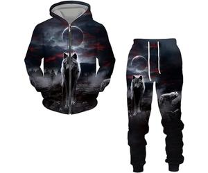 RIAAJ Wolf Men's Long-Sleeved Pullover Tracksuit 3D Hoodie and Sweatpants Set with Zip for Men, A8, XXXXL