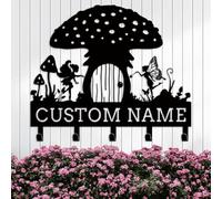 Riaeelvs Personalized Mushroom Key Holder Wall Mount - 8-16" Rustic Metal Key Rack with 4-8 Hooks, Garden & Kitchen Decor, Custom Flower Fairy Garage Wall Organizer for Keys, Hats, Coats
