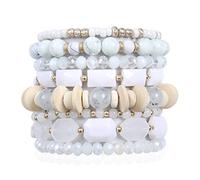 RIAH FASHION Bohemian Beaded Multi Layer Versatile Statement Bracelets - Natural Stone Wood Mix Charm Bead Stretch Bangles, 7.85" Inches, Base Metal, Natural Stone, Wood, no gemstone