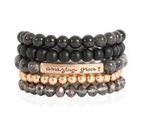 RIAH FASHION Bohemian Natural Stone Wood Mix Beaded Multi Layer Stretch Bracelets - Inspirational Christian Bible Amazing Grace Bangles, 3" Diameter, Glass Stone, Plastic, no gemstone