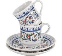 Riakoob Classic Turkish Porcelain Coffee Cups - Set of 2 - Classic Ottoman Topkapi Pattern Porcelain Coffee Cups - Round Saucers - 85ml/2.9 oz - Tea Coffee Espresso