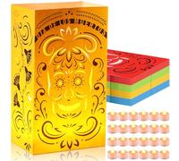 Riakrum 24 Pack Halloween Day of The Dead Luminary Bags with LED Light Papel Picado Mexicano Fiesta Dia De Los Muertos Candy Bag Luminary Skull Gift Goodie for Mexican Halloween Party Supplies