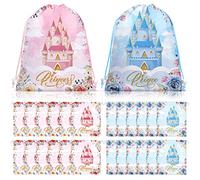 Riakrum 24 Pcs Princess & Prince Party Favor Bags - Pink & Blue Floral Castle Gift Bags for Birthday & Baby Shower Decoration - 11.8 x 9.8''