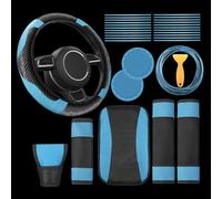 Riakrum 30 Pcs Car Accessories Set Lake Blue PU Leather Steering Wheel Cover Anti Slip Steering Wheel Protector Car Vent Trim Strips Air Conditioner Insert Strips with Installation Tool