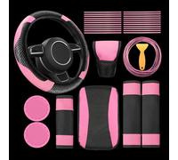 Riakrum 30 Pcs Car Accessories Set Pink and Black PU Leather Steering Wheel Cover Auto Interior Accessories Gift Car Vent Trim Strips Air Conditioner Insert Strips with Installation Tool