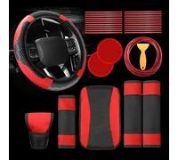 Riakrum 30 Pcs Car Accessories Set Red and Black PU Leather Steering Wheel Cover Auto Interior Accessories Gift Car Vent Trim Strips Air Conditioner Insert Strips with Installation Tool