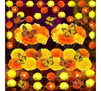 Riakrum 30 Pcs Day of The Dead Decorations Set 6 LED Marigold Garland 12 Artificial Marigold Flowers with Stem 12 Butterflies Dia De Los Muertos Decorations for Halloween Diwali Indian Party