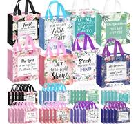 Riakrum 32 Pcs Valentines Religious Gift Bags Bulk, Non Woven Christian Gift Bag with Handle, Reusable Flower Religious Baptism Bible Verse Valentines Tote for Catholic Theme Party Favors
