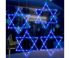 Riakrum 4 Pack Hanukkah Decorations Blue Star of David Window Lights Solar Powered Chanukah Hanging Lights with Iron Frame 11.8 Inch for Jews Judaism Synagogue Holiday Front Door Wall Windows Decor