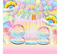 Rianbow Birthday Party Supplies, Pastel Party Decoration with Pastel Rianbow Plates Napkins Cups Tablecover Banner Fringe Curtains Balloons for Birthday, Serve 20